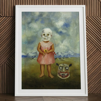 Girl with Death Mask - Frida Kahlo Art Print / Canvas Creepy Painting Child Skull Flower, Stormed Porcelain Prints