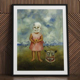 Girl with Death Mask - Frida Kahlo Art Print / Canvas Framed Painting Young Skull Flower Monstrous, Stormed Porcelain Prints