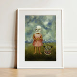 Girl with Death Mask - Frida Kahlo Art Print / Canvas Framed Surreal Painting Child Skull Face, Stormed Porcelain Prints