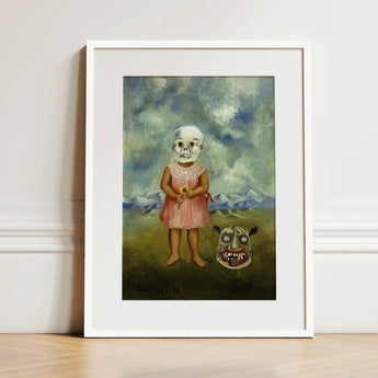 Girl with Death Mask - Frida Kahlo Art Print / Canvas Framed Surreal Painting Child Skull Face, Stormed Porcelain Prints