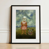 Girl with Death Mask - Frida Kahlo Art Print / Canvas Framed Surreal Painting Child Skull Face, Stormed Porcelain Prints