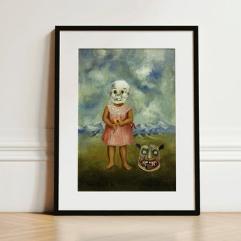 Girl with Death Mask - Frida Kahlo Art Print / Canvas Framed Surreal Painting Child Skull Face, Stormed Porcelain Prints