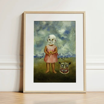 Girl with Death Mask - Frida Kahlo Art Print / Canvas Framed Surreal Painting Child Skull Head, Stormed Porcelain Prints
