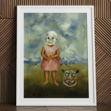 Girl with Death Mask - Frida Kahlo Art Print / Canvas 24x32’’ / 61x81cm / White Frame / Matboard Creepy Painting Child Skull Mask Flower
