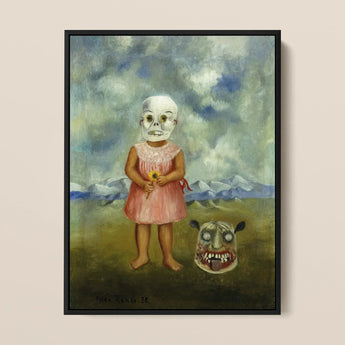 Girl with Death Mask - Frida Kahlo Art Print / Canvas 12x16’’ / 31x41cm / Black Frame Framed Painting Child Pink Dress Sunflower Grotesque