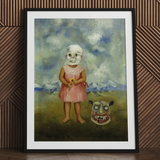 Girl with Death Mask - Frida Kahlo Art Print / Canvas 24x32’’ / 61x81cm / Black Frame / Matboard Framed Painting Young Girl Skull Mask