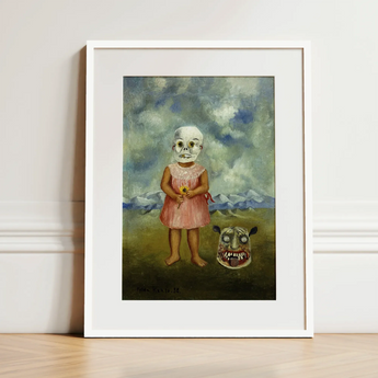 Girl with Death Mask - Frida Kahlo Art Print / Canvas 12x16’’ / 31x41cm / White Frame / Matboard Framed Art Print Surreal Painting Child