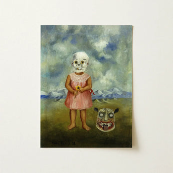 Girl with Death Mask - Frida Kahlo Art Print / Canvas Surreal Oil Painting Child Pink Dress White Skull, Stormed Porcelain Prints