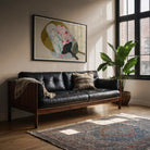 Girl in Fan - Kamisaka Sekka Meiji Rinpa Art Print, Black Leather Tufted Sofa Wooden Frame