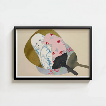 Framed Artwork Stylized Japanese Fans Soft Pink Blue Kamisaka Sekka, Avant-garde Rinpa Flair, Meiji Art