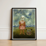 Girl with Death Mask - Frida Kahlo Art Print / Canvas Framed Artwork Skeletal Child Pink Dress Yellow Flower, Stormed Porcelain Prints