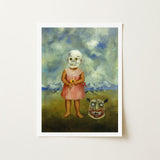 Girl with Death Mask - Frida Kahlo Art Print / Canvas Framed Child Skull Face Pink Dress, Stormed Porcelain Prints