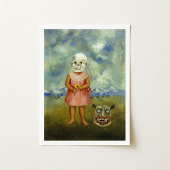 Girl with Death Mask - Frida Kahlo Art Print / Canvas Framed Child Skull Face Pink Dress, Stormed Porcelain Prints