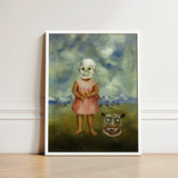Girl with Death Mask - Frida Kahlo Art Print / Canvas Framed Painting Skeletal Child Pink Dress Yellow Flower, Stormed Porcelain Prints