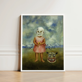 Girl with Death Mask - Frida Kahlo Art Print / Canvas Framed Painting Skeletal Child Pink Dress Yellow Flower, Stormed Porcelain Prints