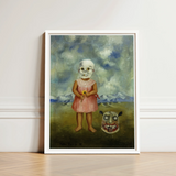 Girl with Death Mask - Frida Kahlo Art Print / Canvas Framed Artwork Skeletal Child Pink Dress Yellow Flower, Stormed Porcelain Prints