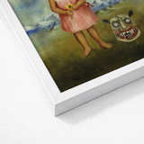 Girl with Death Mask - Frida Kahlo Art Print / Canvas Framed Painting Young Pink Dress Sunflower Grotesque, Stormed Porcelain Prints