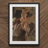 Girls from Dalarna Having a Bath - Anders Zorn Art Print / Canvas Black-framed Oil Painting Two Nude Figures Dimly Lit, Dim Timber