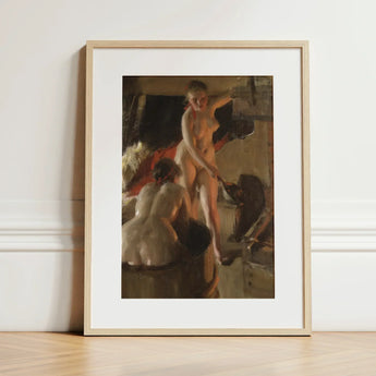 Girls from Dalarna Having a Bath - Anders Zorn Art Print / Canvas Framed Oil Painting Nude Woman Impressionistic Style Housed, Dim Timber