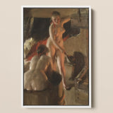Girls from Dalarna Having a Bath - Anders Zorn Art Print / Canvas Framed Oil Painting Nude Woman Warm Earthy Tones, Dim Timber Bathhouse,