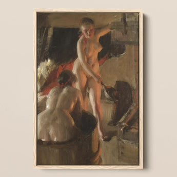 Girls from Dalarna Having a Bath - Anders Zorn Art Print / Canvas Framed Oil Painting Two Nude Figures Dimly Lit, Dim Timber Bathhouse,