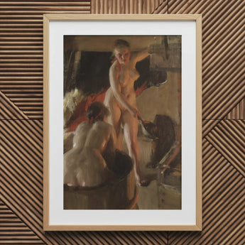 Girls from Dalarna Having a Bath - Anders Zorn Art Print / Canvas Framed Oil Painting Two Nude Figures Rustic Interior, Dim Timber