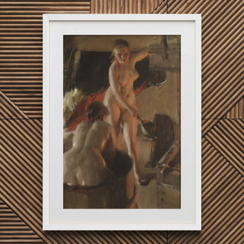 Girls from Dalarna Having a Bath - Anders Zorn Art Print / Canvas White-framed Oil Painting Two Nude Figures Dimly Lit, Dim Timber