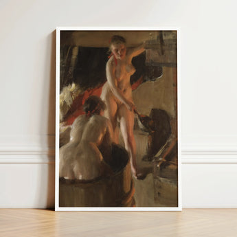Girls from Dalarna Having a Bath - Anders Zorn Art Print / Canvas Framed Oil Painting Nude Woman Warm Earthy Tones, Dim Timber Bathhouse,