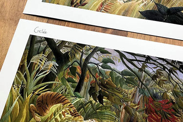 Corner portion of Rousseau-style giclée print featuring tropical jungle foliage