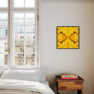 Gold Rush - Chrysanthemum Op Art Framed Canvas, Framed Yellow Abstract Artwork Symmetrical Floral-like Patterns