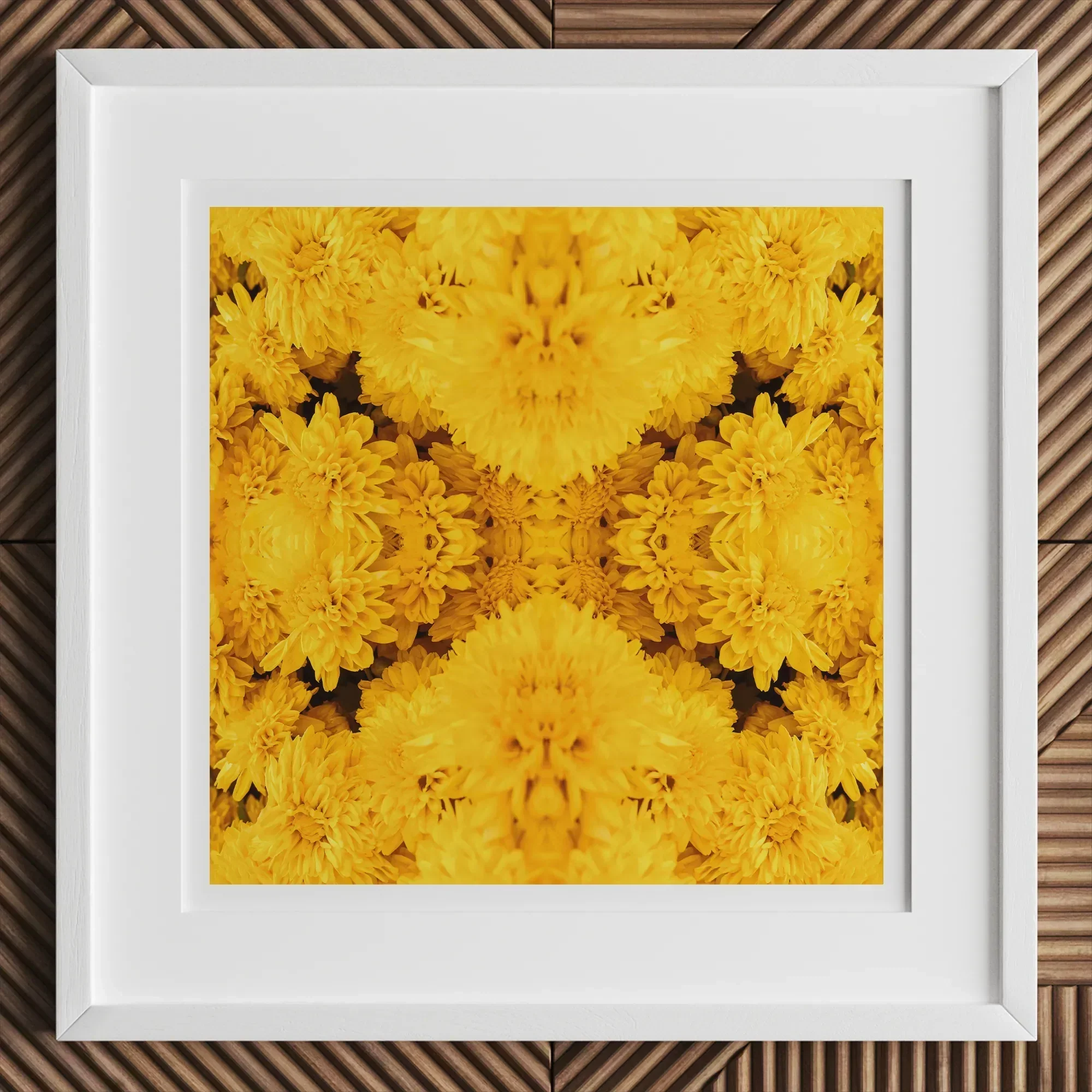 Gold Rush - Chrysanthemum Op Art Print, 12x12’’ / 31x31cm / White Frame / 2’’ Matboard, Framed Square Artwork Symmetrical Pattern Vibrant