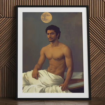 Gold Star - Gay Indian Neoclassical Art Print / Canvas Black-framed Classical-style Portrait Muscular Man Draped Moonlit Desire Beckons,