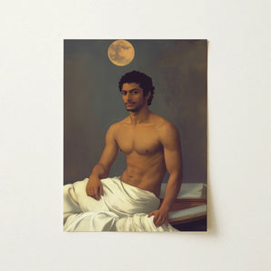 Gold Star - Gay Indian Neoclassical Art Print / Canvas Framed Classical-style Portrait Muscular Man Dark Hair Beard Moonlit Desire Beckons,
