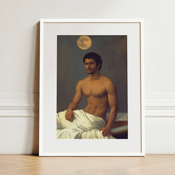 Gold Star - Gay Indian Neoclassical Art Print / Canvas White-framed Portrait Muscular Man Classical Style Draped White Moonlit Desire