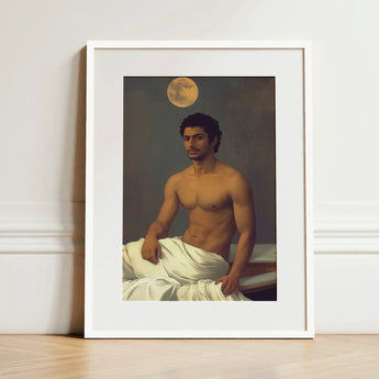 Gold Star - Gay Indian Neoclassical Art Print / Canvas White-framed Portrait Muscular Man Classical Style Draped White Moonlit Desire