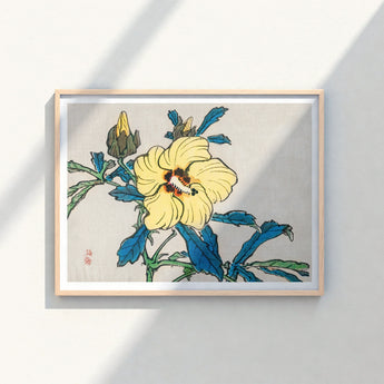 Framed Japanese-style Print Vibrant Yellow Hibiscus Flower Deep Kōno Bairei’s Golden, Meiji-era Kacho-e Masterwork, Bairei Meiji Era