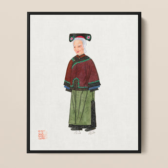 Framed Watercolor Painting Elderly Woman Traditional Chinese Attire Qing Dynasty Manchu, Fashion Art, Matriarchy