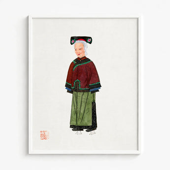 Framed Watercolor Illustration Elderly Woman Traditional Chinese Attire Qing Dynasty Manchu, Fashion Art, Matriarchy