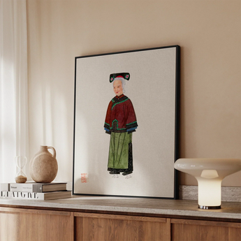 Grand Dame - Manchu Fashion Art Print / Canvas Framed Illustration Elderly Woman Traditional Chinese Attire Red Qing Dynasty Manchu, Manchu