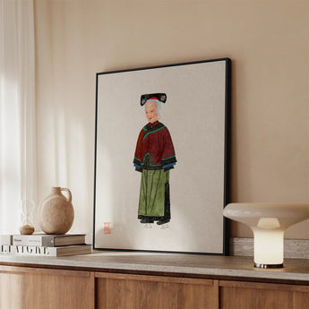 Grand Dame - Manchu Fashion Art Print / Canvas Framed Illustration Elderly Woman Traditional Chinese Attire Red Qing Dynasty, Matriarchy