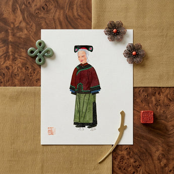 Grand Dame - Manchu Fashion Art Print / Canvas Watercolor Illustration Elderly Woman Traditional Chinese Attire Maroon Qing Dynasty Manchu,