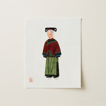 Grand Dame - Manchu Fashion Art Print / Canvas Watercolor Illustration Elderly Woman Traditional Chinese Attire Qing Dynasty, Matriarchy