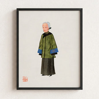 Framed Illustration Elderly Woman Traditional Green Blue Patterned Qing Dynasty Manchu, Fashion, Art