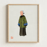 Framed Illustration Elderly Woman Traditional Chinese Attire Green Qing Dynasty Manchu, Fashion, Art
