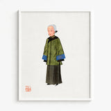 Framed Illustration Elderly Woman Traditional Chinese Attire Green Qing Dynasty Manchu, Fashion, Art