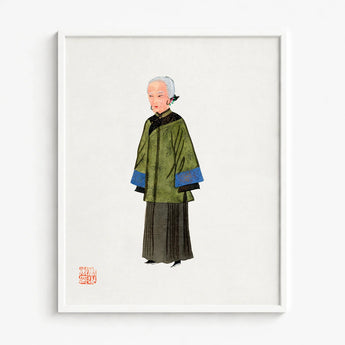 Framed Illustration Elderly Woman Traditional Chinese Attire Green Qing Dynasty Manchu, Fashion, Art
