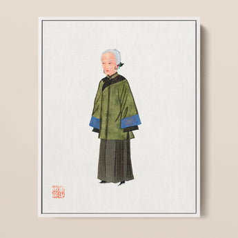 Framed Illustration Elderly Woman Traditional Chinese Attire Green Qing Dynasty Manchu, Fashion, Art