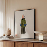 Grand Dame - Qing Dynasty Art Print / Canvas Framed Portrait Elderly Woman Traditional Green Blue Attire Qing Dynasty Manchu, Manchu