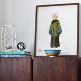 Grand Dame - Qing Dynasty Art Print / Canvas Framed Watercolor Artwork Figure Traditional Asian Robes Green Manchu, Fashion, Prints