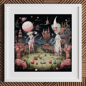 Grand Day out - Creepy Lowbrow Surrealistische Kunstprint, 12x12’’ / 31x31cm / Wit Frame / Matboard, Posters Prints & Visual Artwork, Toby Leon